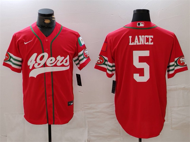 Men's San Francisco 49ers #5 Trey Lance Red With Patch Cool Base Stitched Baseball Jersey